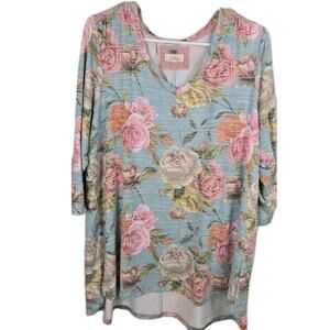 CUPIO Floral V Neck Tunic Lightweight Boho Cottage Peasant PLUS 1X Muted Blue Pk